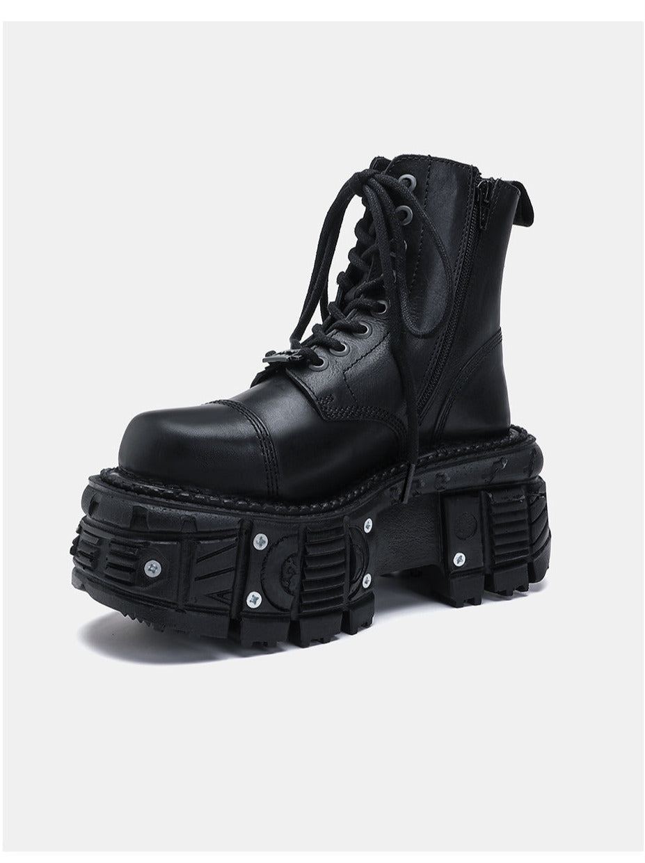 Lace-up Metal Platform Punk Boots Short Dark