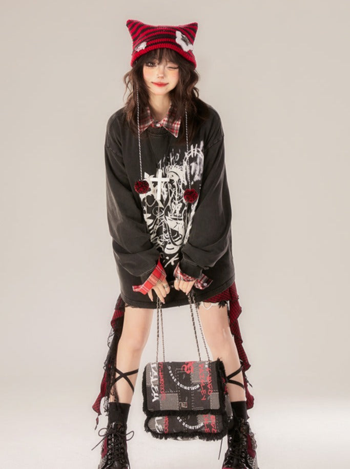 プリントトップス ネックルーズ ラウンド ダーク