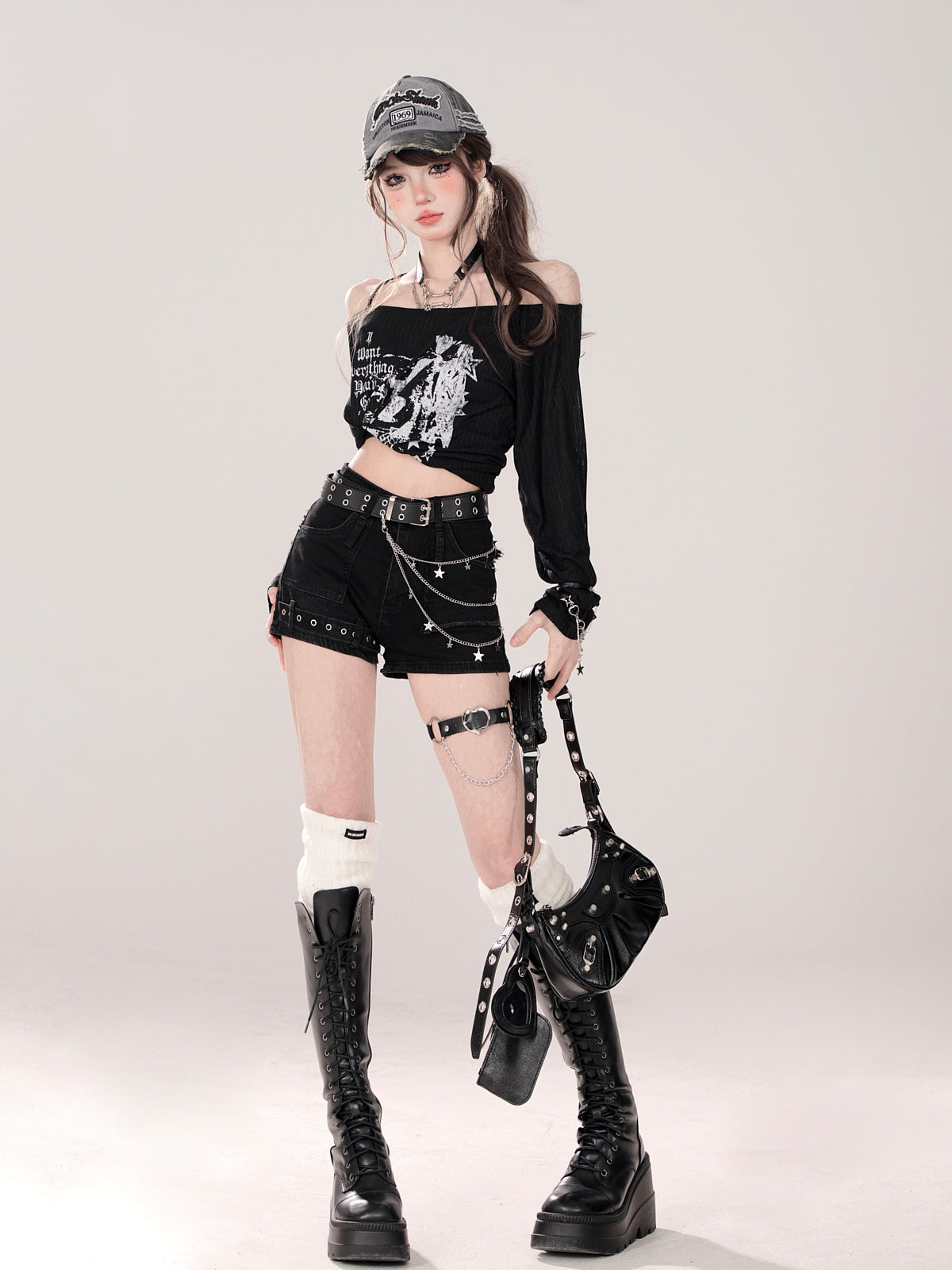 Printed Strap Loose Top Sheer Off-the-shoulder