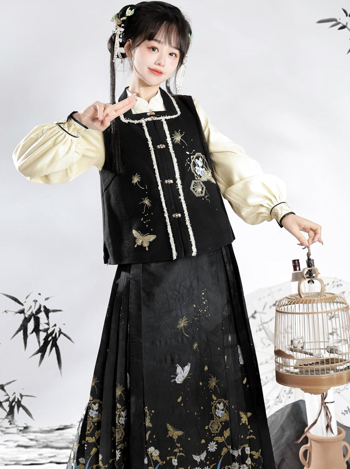 ベストスカート プリーツブラウス ゴージャスなバタフライ