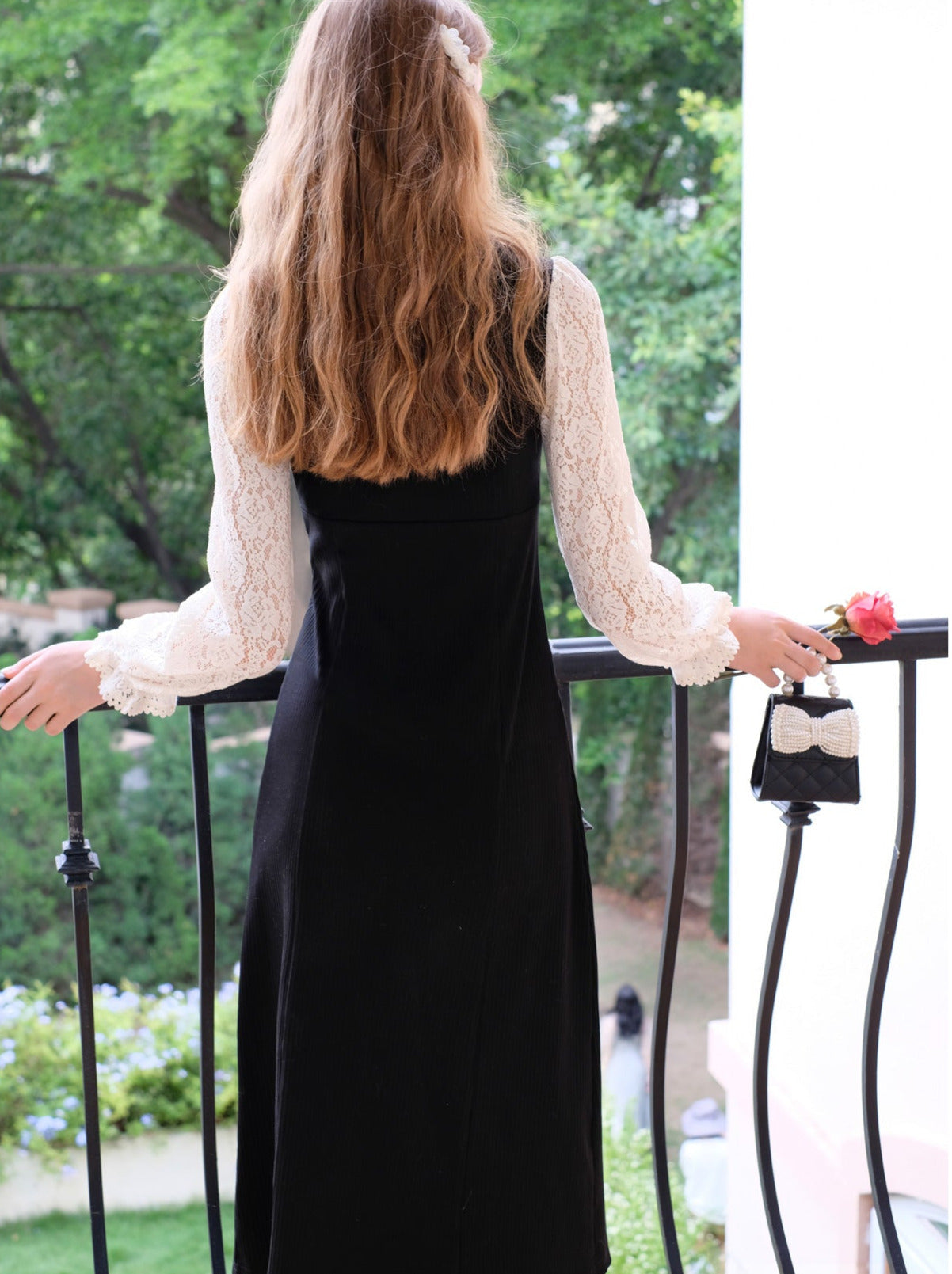 Black Splicing China Lace Dress Retro V-Neck