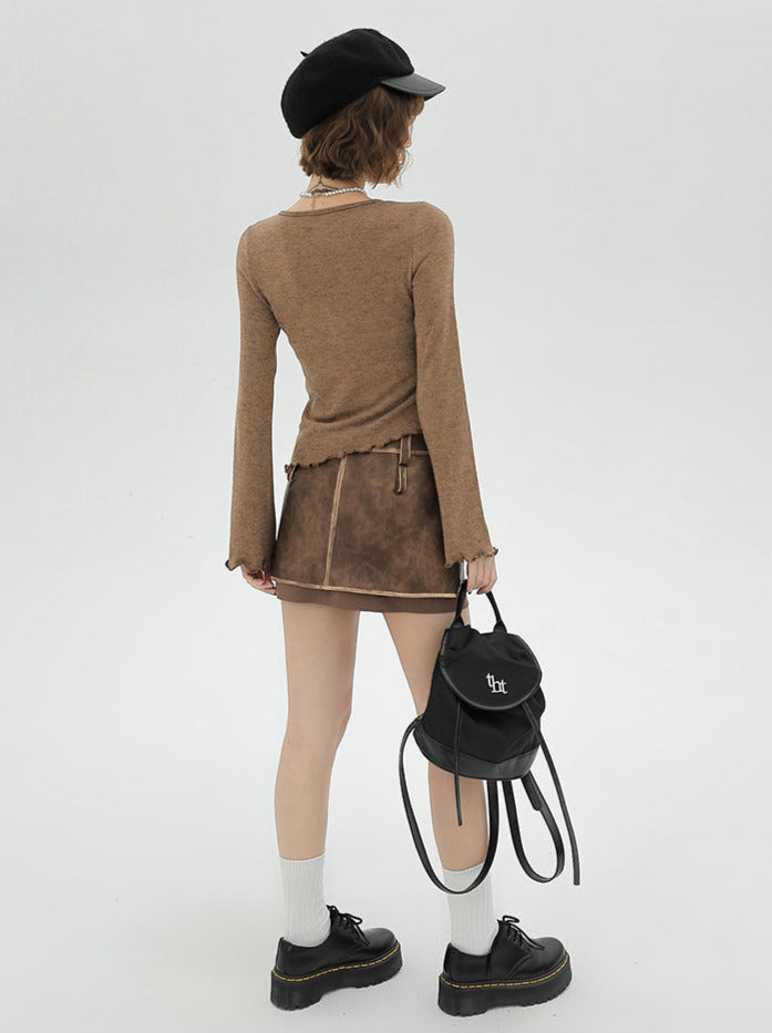 Flared Lace-up Sleeve Ruffle Long T Small