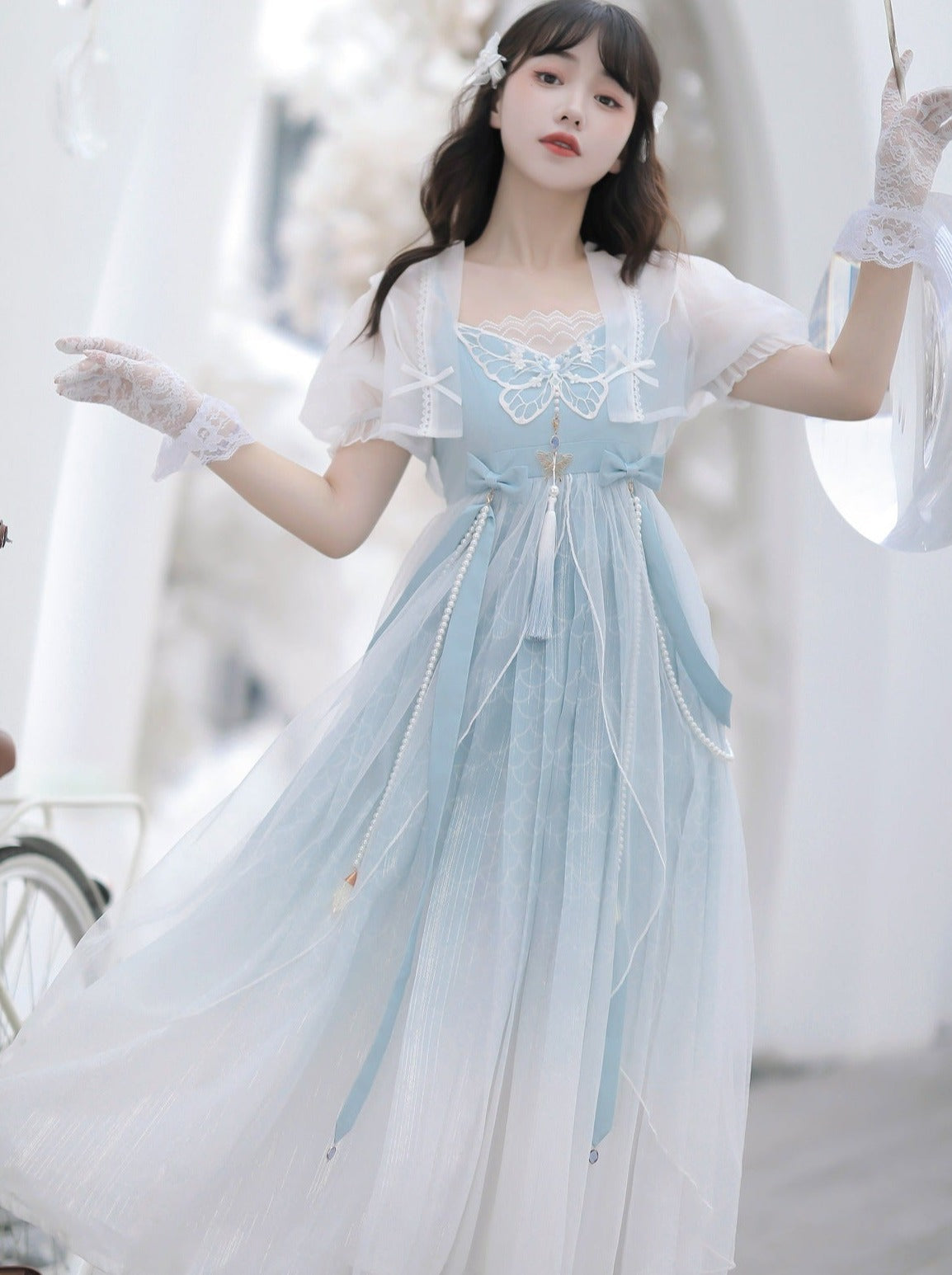 Blaues, durchsichtiges Sommerkleid mit Schalkragen + Lolita-Chinesisch