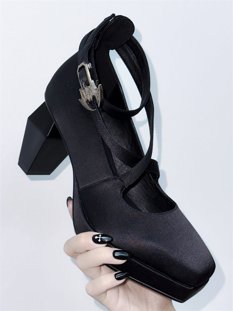 Toe Strap Goth High Elegant Square Teresa's Silk Prayer Heels