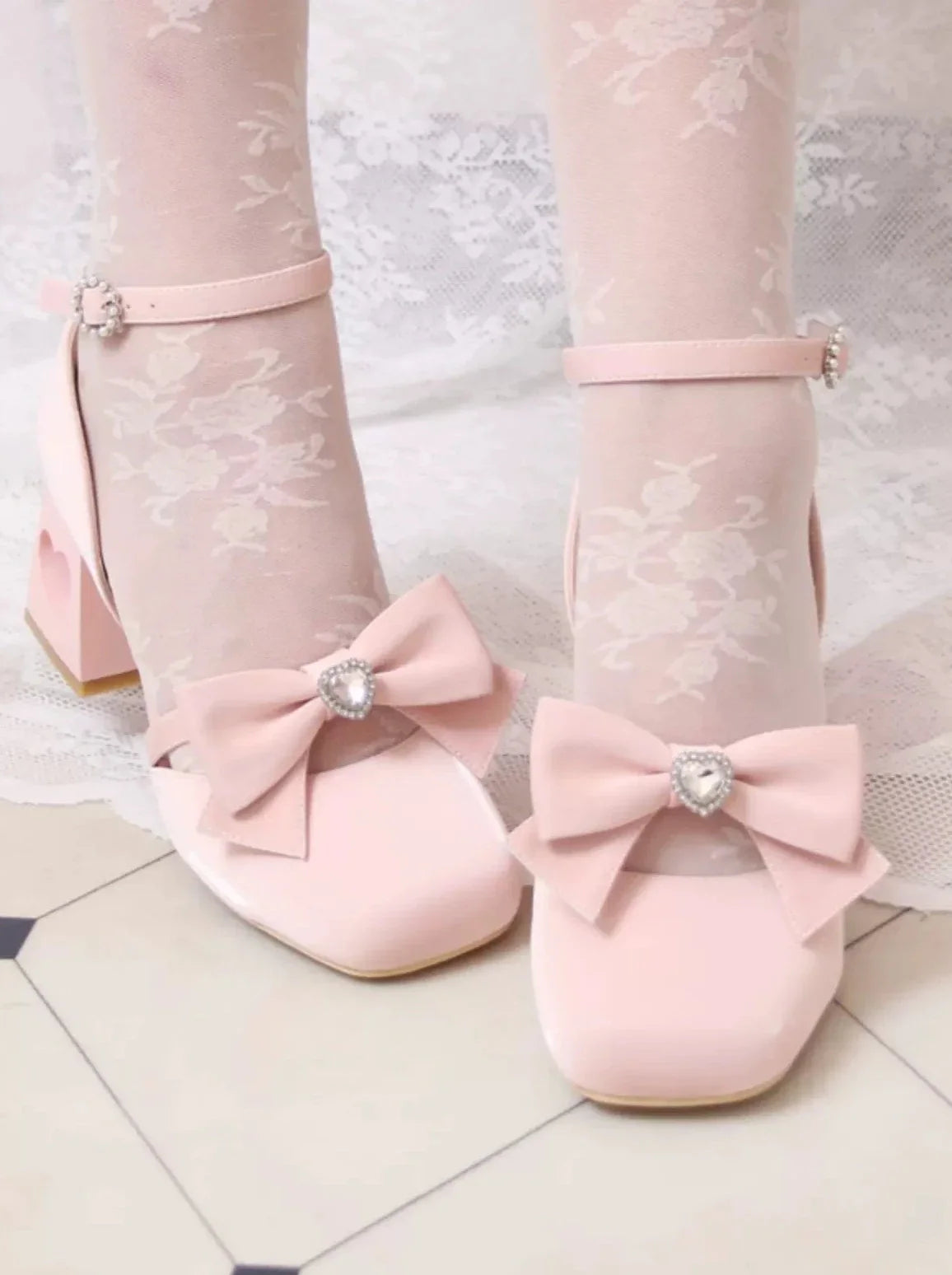 High Love Diamond Ribbon Heel Shoes Lolita