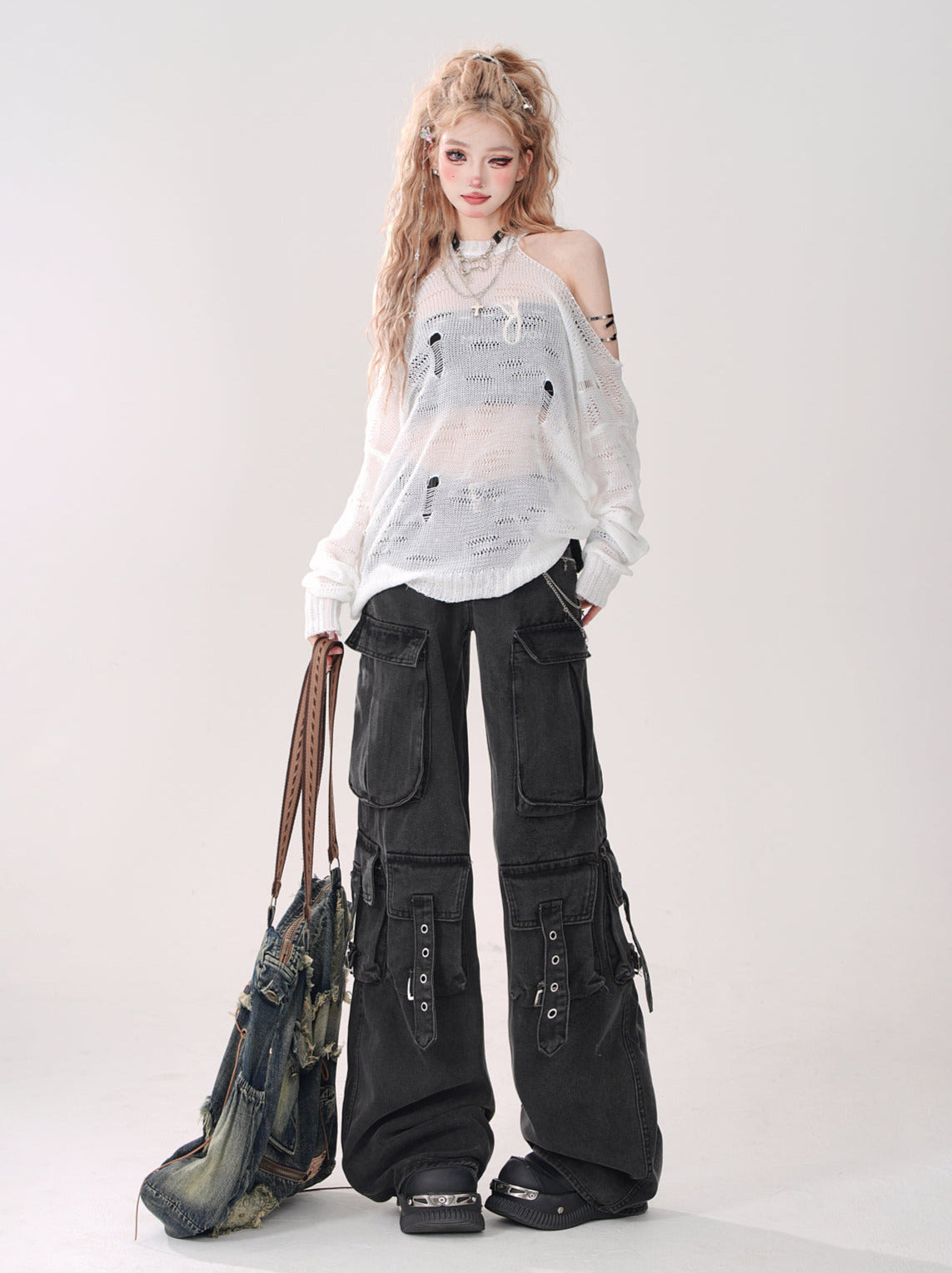 Off-the-shoulder Knit Halter Neck Top Openwork