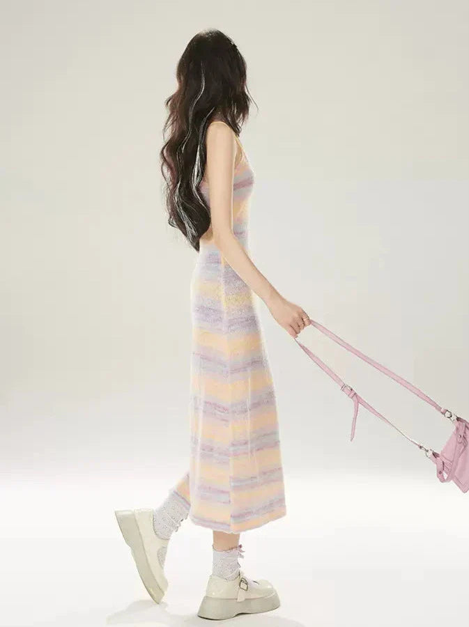 ニットサマードレス サスペンダー レインボーストライプ