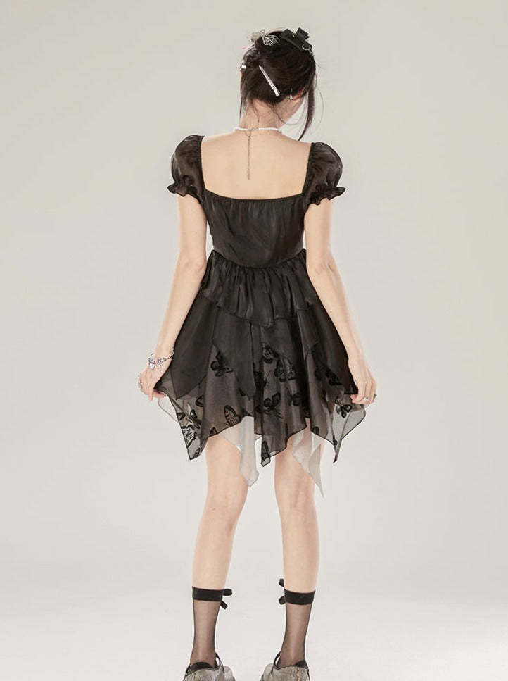 ノースリーブボウブラックパフリボンドレス