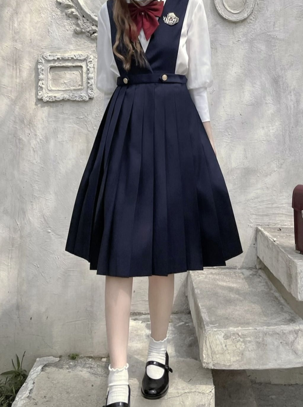 サスペンダー + シフォン カレッジスカート インナーシャツ