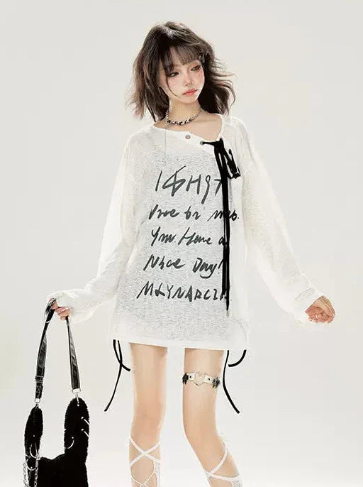 ロングストラップ レターTプリント オフショルダー ホワイト