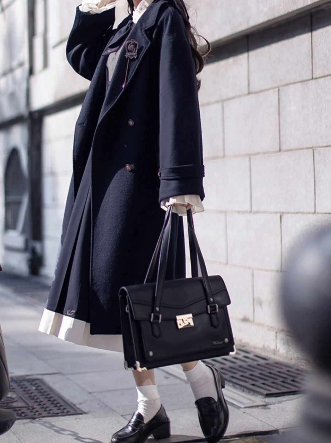 カレッジダブルブレストウールエレガントコクーンコート(ブルー)