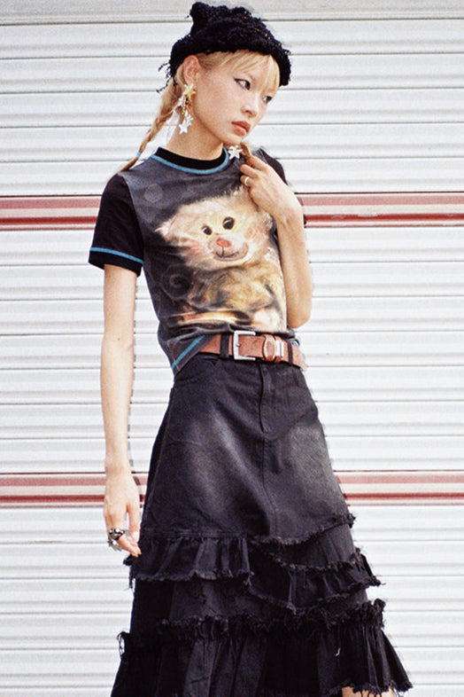 切りっぱなしミディデニムスカート