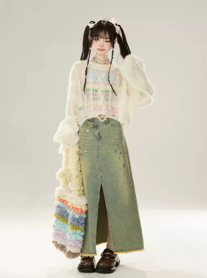 スカートスリットスパンコールデニム