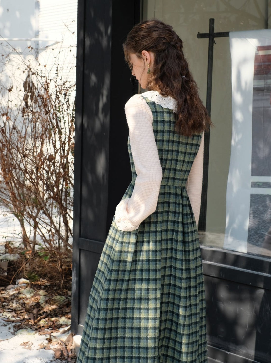 カラースカート レトロ サスペンダー グリーン チェック フリル ブラウス レース