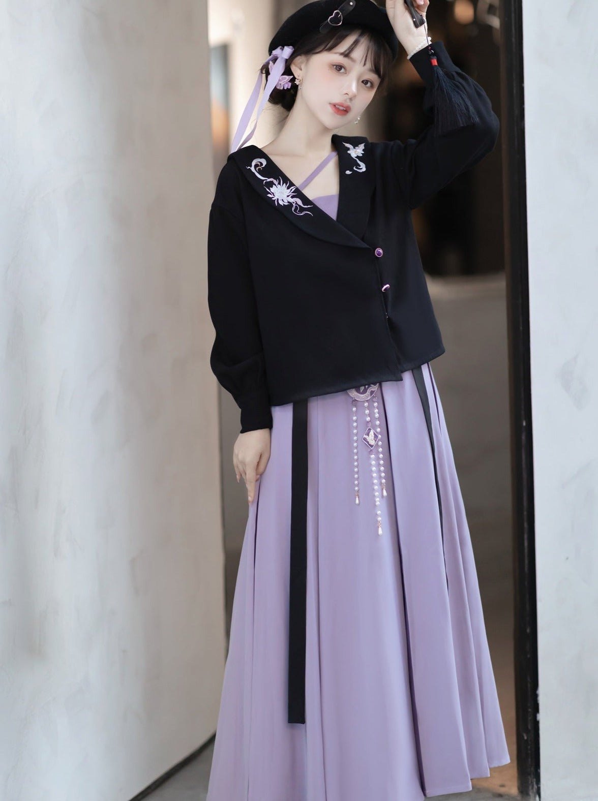 ブラウス ロング ダークスカート プリーツ フラワー