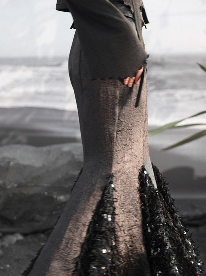 デザインスカート マーメイド チャイナ サテン スプライス フェザー スパンコール ダーク