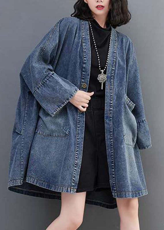 Denim Neck Coats Plus Pockets V Size Fall Blue