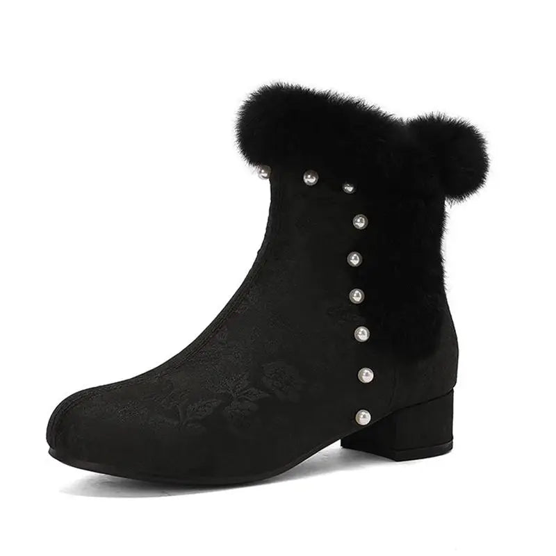 31-43 Zipper Flower Beads Rabbit Fur Round Toe Block Heels