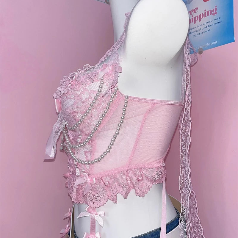 Pink Y2K Camisole Pearl Sweet Lace Sling Vest