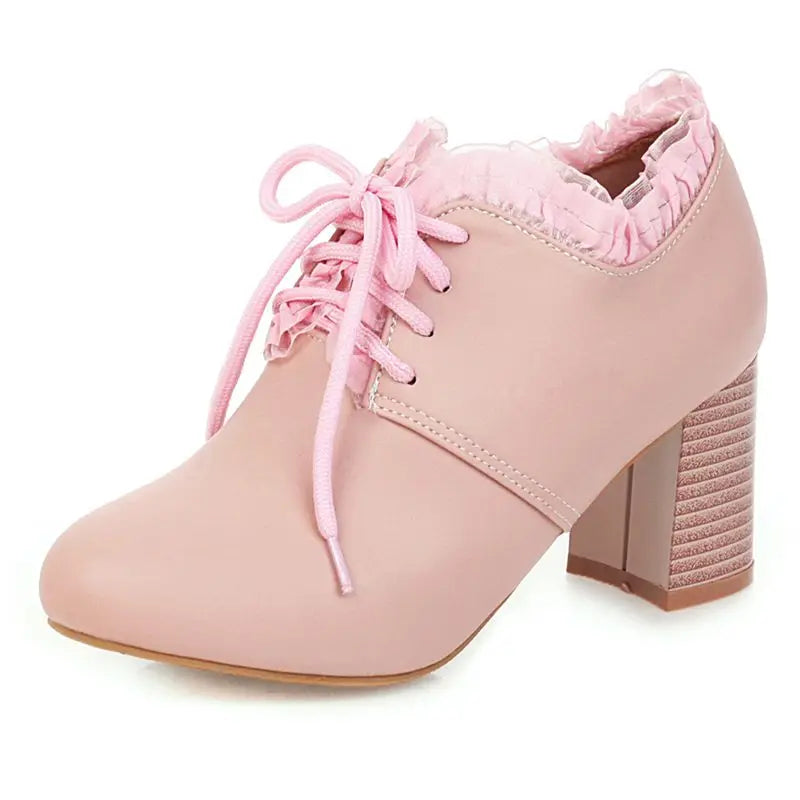 32-46 Sweet Round Toe Chunky Heel Lace-Up Soft Lolita Boots