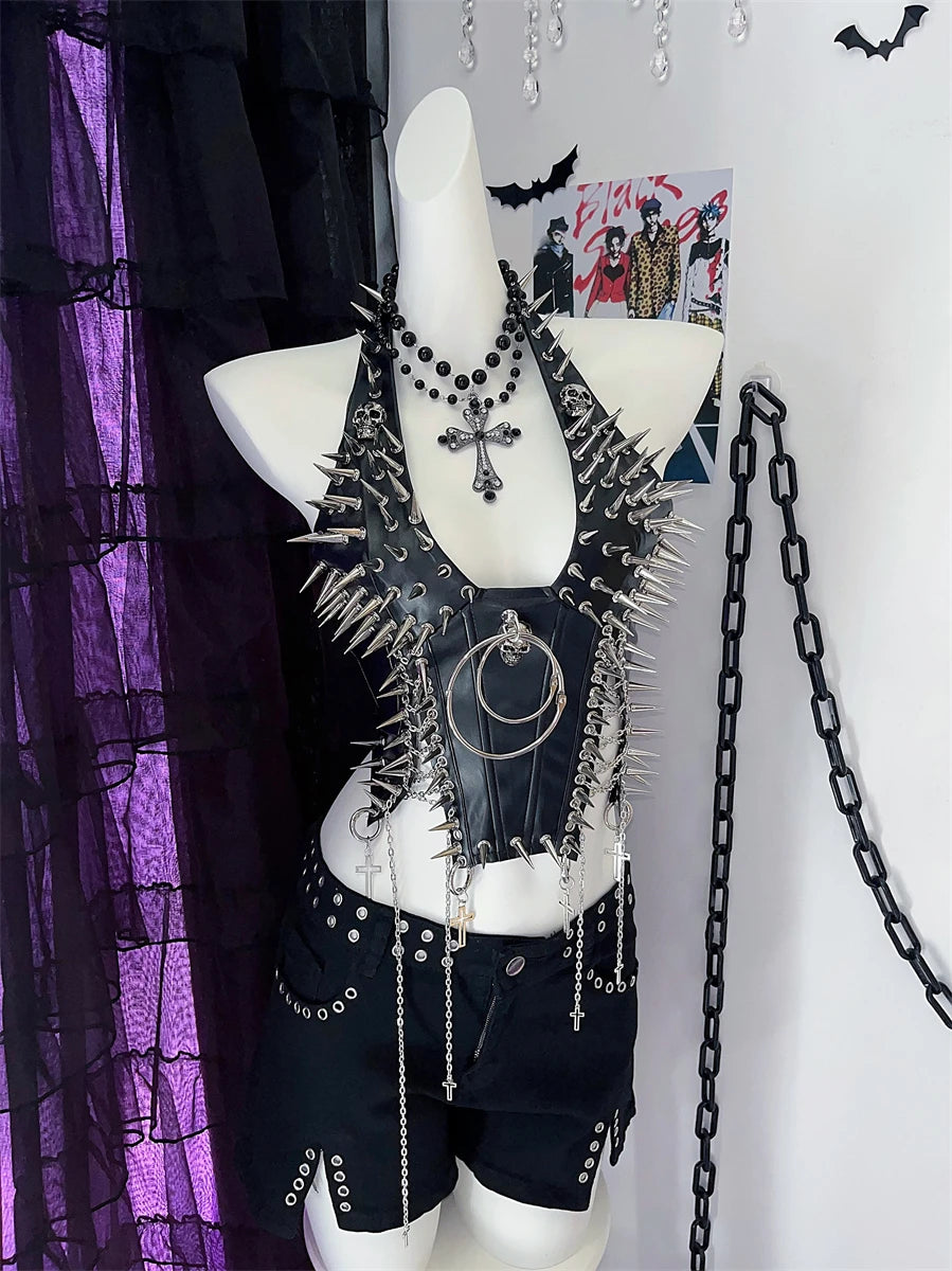 PU Leather Y2K Rivet Skull Chain Punk Halter Suspender Vest