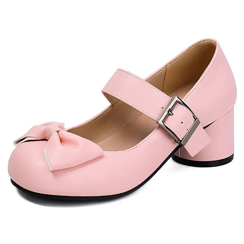 32-48 Mary Janes Pumps Round Toe Chunky Heels Buckle Strap Bowknot
