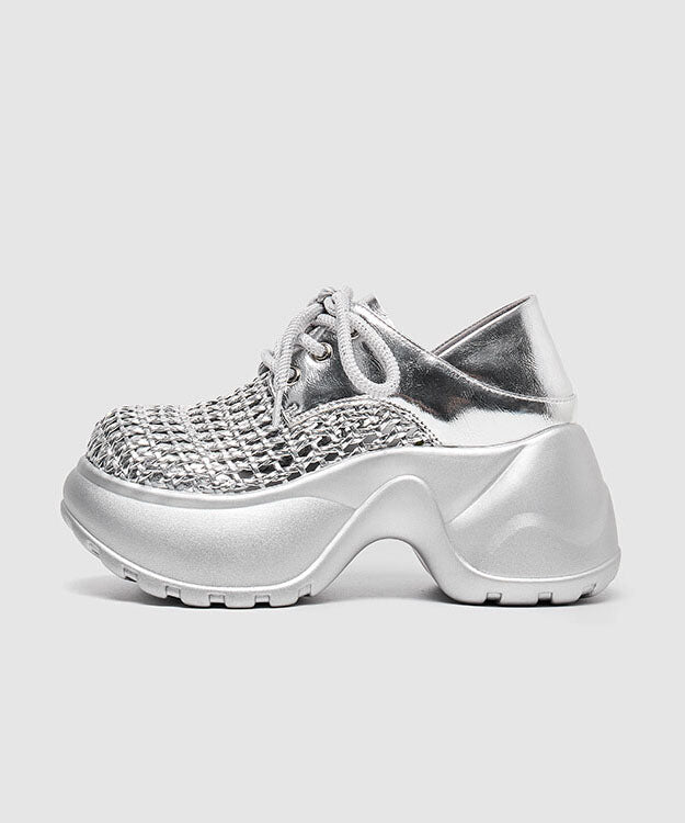 Platform Sandals Up Silver Out Splicing Hollow Lace Fashion
