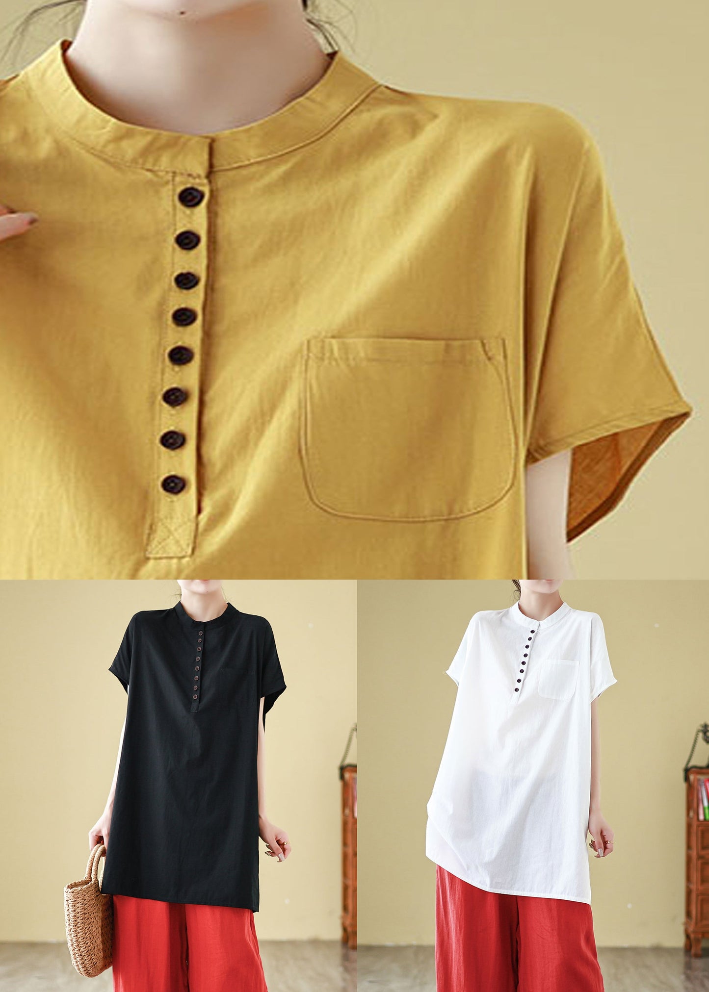 Button Sleeve Cotton Yellow Solid T Short Pockets Shirt Simple