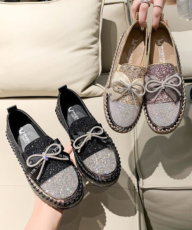 Black Gold Flat Platform Stylish Zircon Bow Splicing Shoes