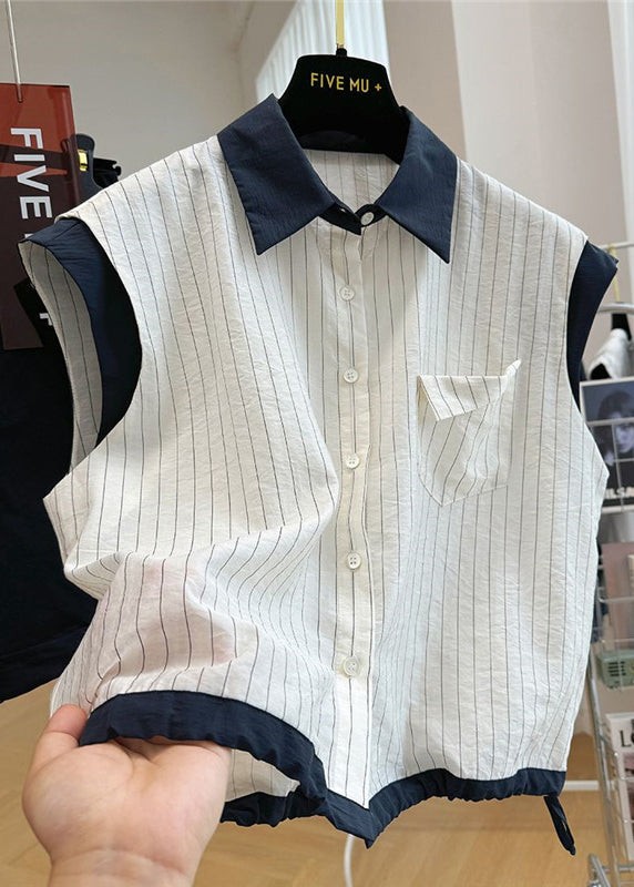 ビーチストライプパッチワークノースリーブホワイトスタイリッシュコットンベスト