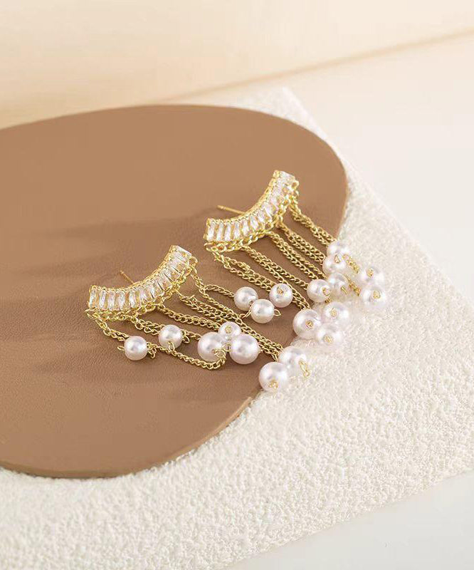 Vogue Earrings Copper Alloy Gold Drop Tassel Zircon Pearl