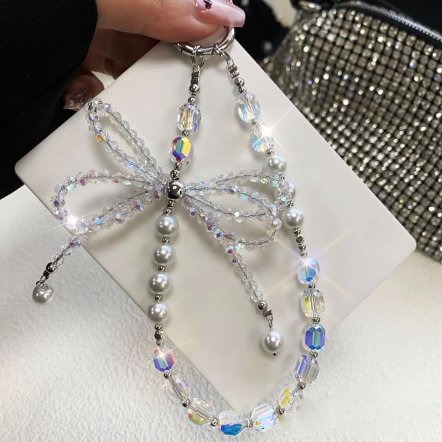 Pad Faux Phone with Pearl Lanyard Strap Bow Crystal