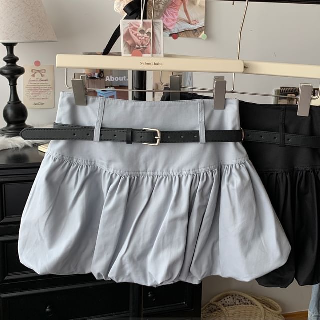 Bubble Hem + Plain High Belt A-Line Mini Set: Skirt Rise