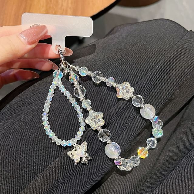 バタフライ型携帯ストラップ付きリストパッド クリスタルビーズストラップ フェイク