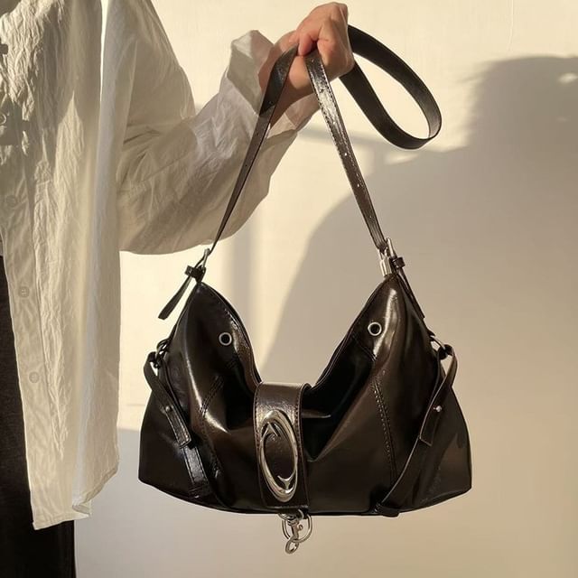Faux Leather Buckled Grommet Shoulder Bag