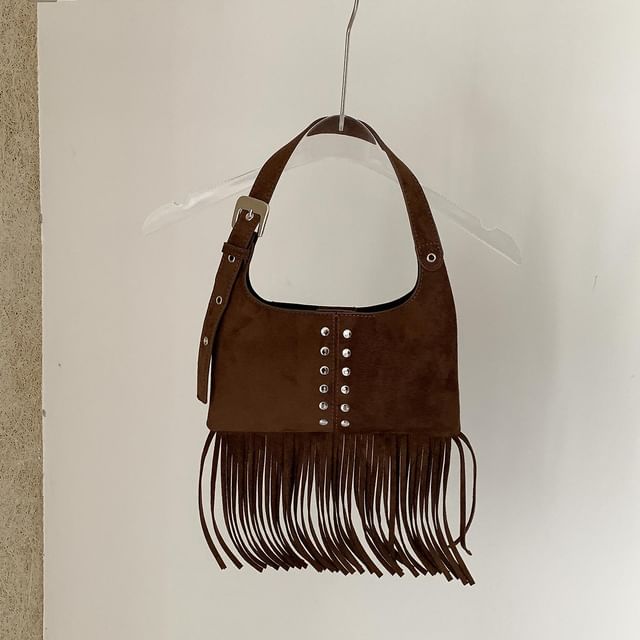 Studded Fringe Faux Suede Shoulder Bag