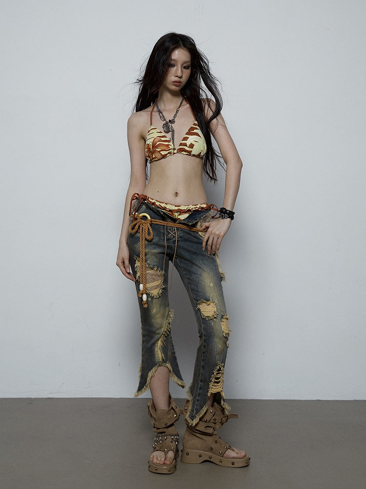 Lilies Bikini with Set Swimsuit Adjustable Ties Maroon Punk Print Yellow