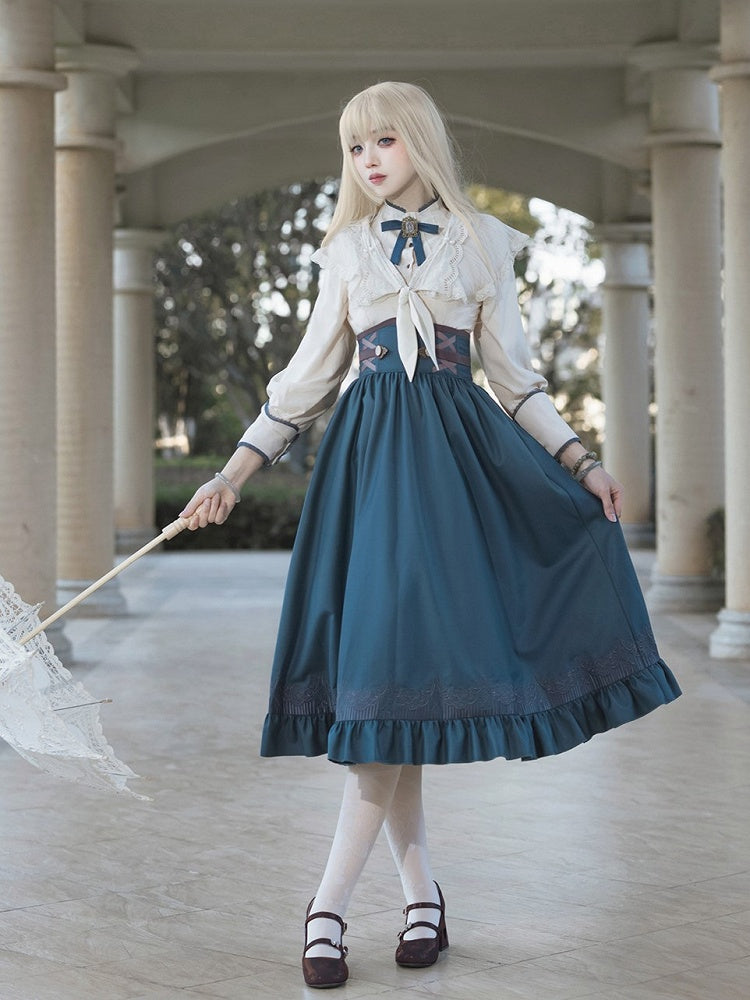 Preppy Beige & Blue Bow Lace-Trimmed Long Sleeve Lolita Blouse - Xiong Dou Jiang