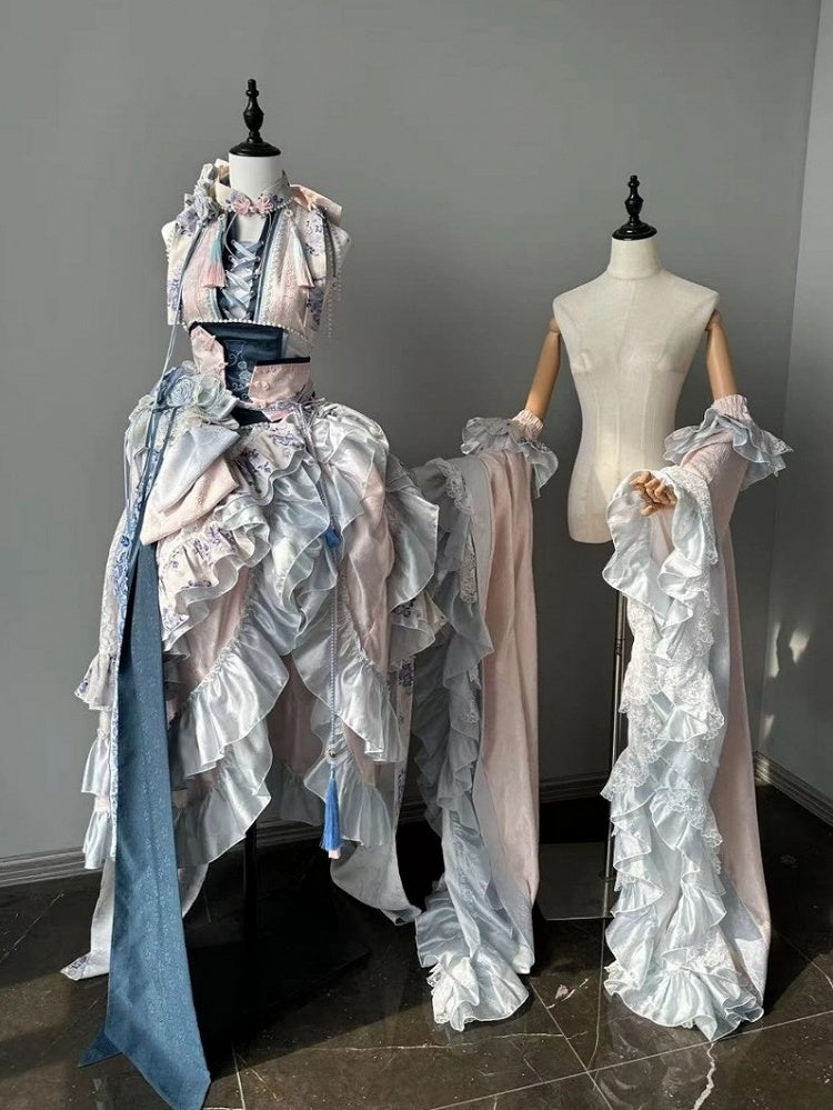 Porcelain Theme Asymmetrical Flounce Hem Lolita Dress Set with Detachable Sleeves - Your Highness