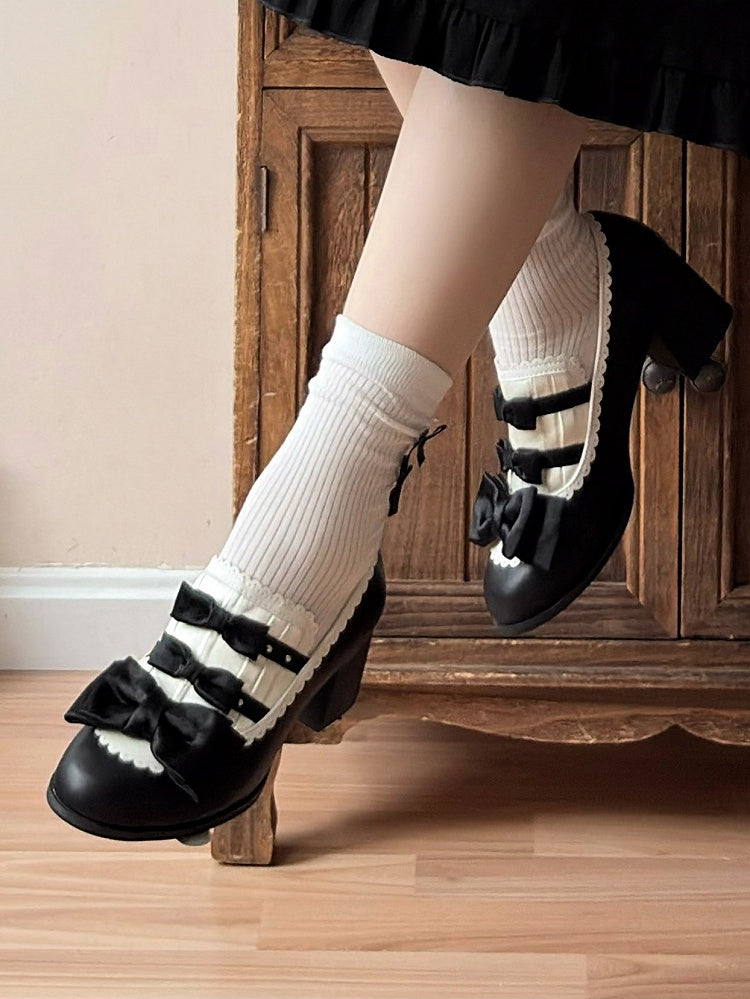 Bow Mid-heel Elegant Shoes Slip-on Lolita Scalloped Hem Accents White Black