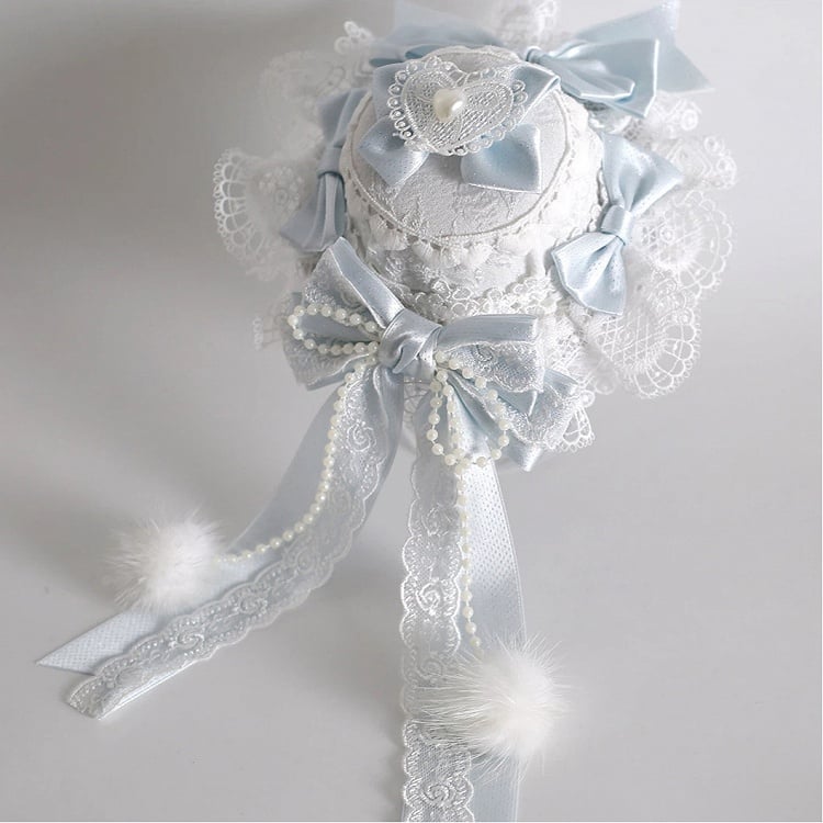 Pearl-Accented Style) White Mini (Elegant Lace Soft Blue Hat Sweet