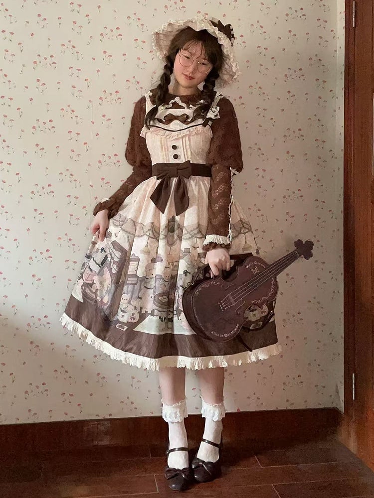 甘くてクリーミーな小さなプリントのクマのコーヒージャンパー、ロリータハウススカート