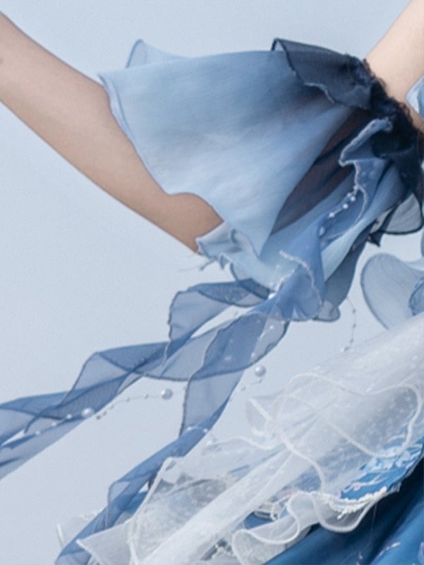 Ruffles Accents Lolita Jellyfish-Inspired Blue Full Set Dress and Bead Gradient with Layered