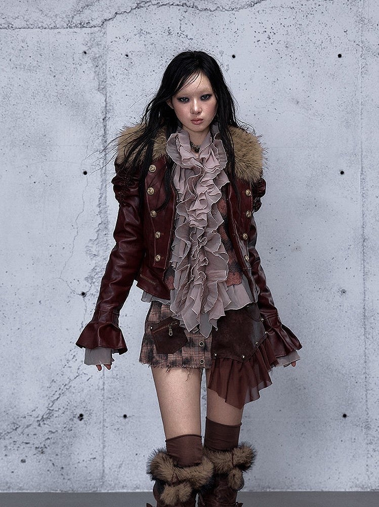 Rock Punk with Gathered Wine Details Red Jacket