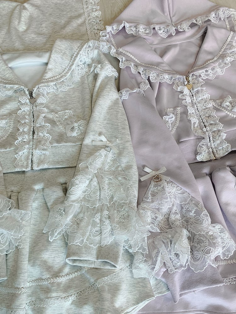 Light Lace Ruffled Hoodie+Lined Closure Jirai Kei Trim Skirt Zip Collar Purple Sports Set- Sailor