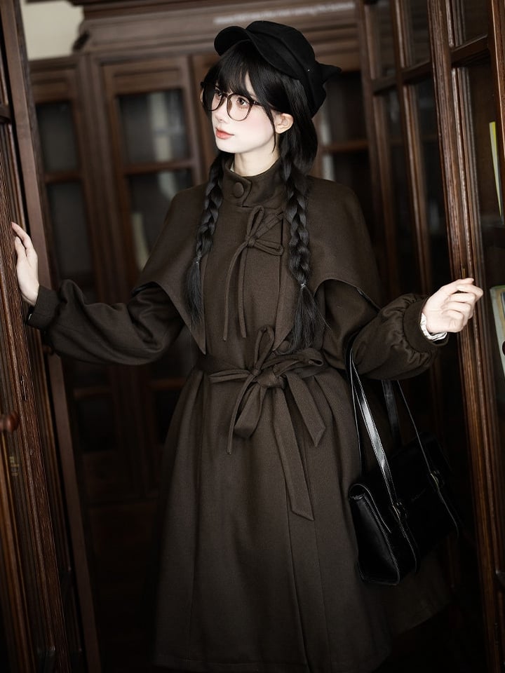 Quilted Coat Vibes Little with Dark Brown Cape Design Lining Academia Cotton Detective