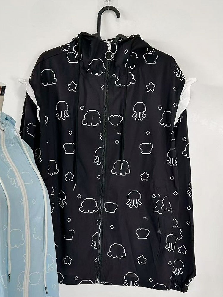 Druck Rüschen Trim Kapuze Quallen Jirai Schutz Sonne Jacke Kei Schwarz