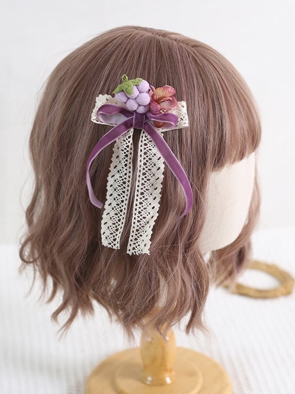 Cute Decorations Floral Hairclip Lace With And Lolita Grape Bowknot