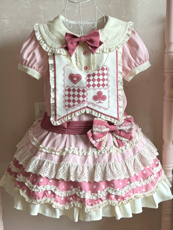 Lolita Bloomers Kawaii Layers Pink Trim Skirt Dress + Polka-dot Set JSK