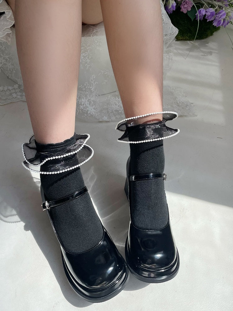 Black Double-Layered Organza Trim Lolita Ankle Socks
